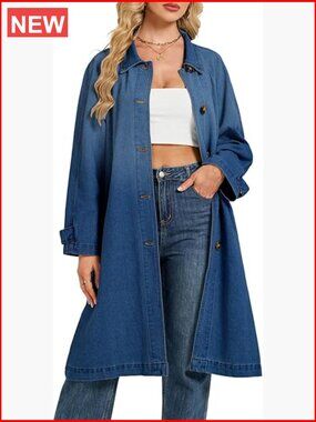 Midi Denim Trench Coat Oversized Single Breasted Long Jean Jacket Duster